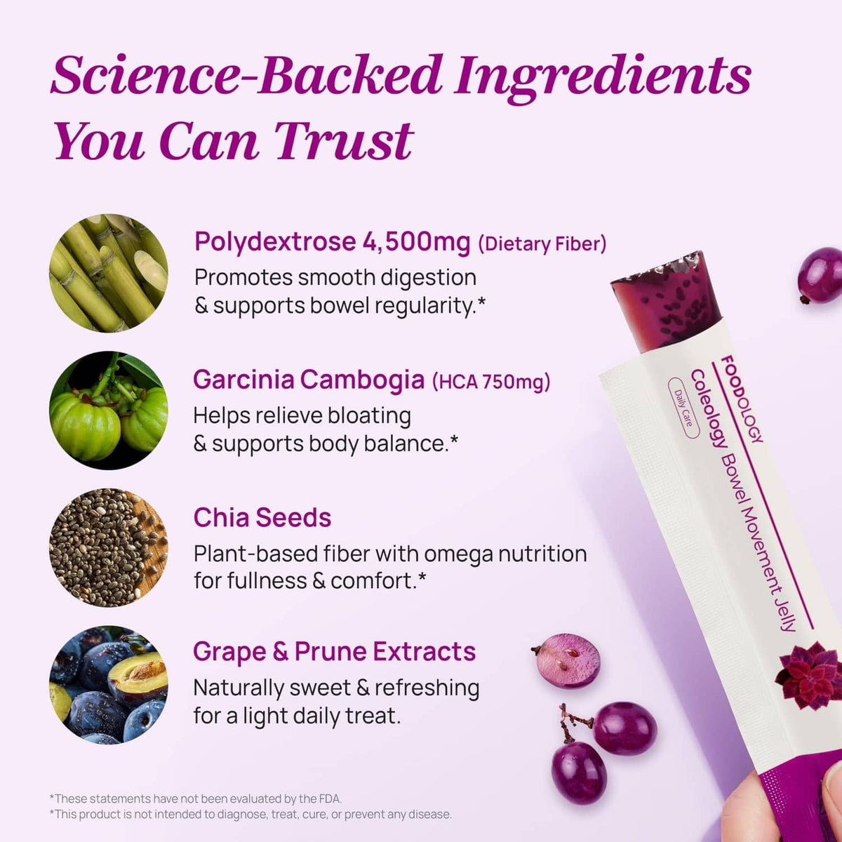 Grape bowel movement jelly stick beside purple ingredient infographic panel