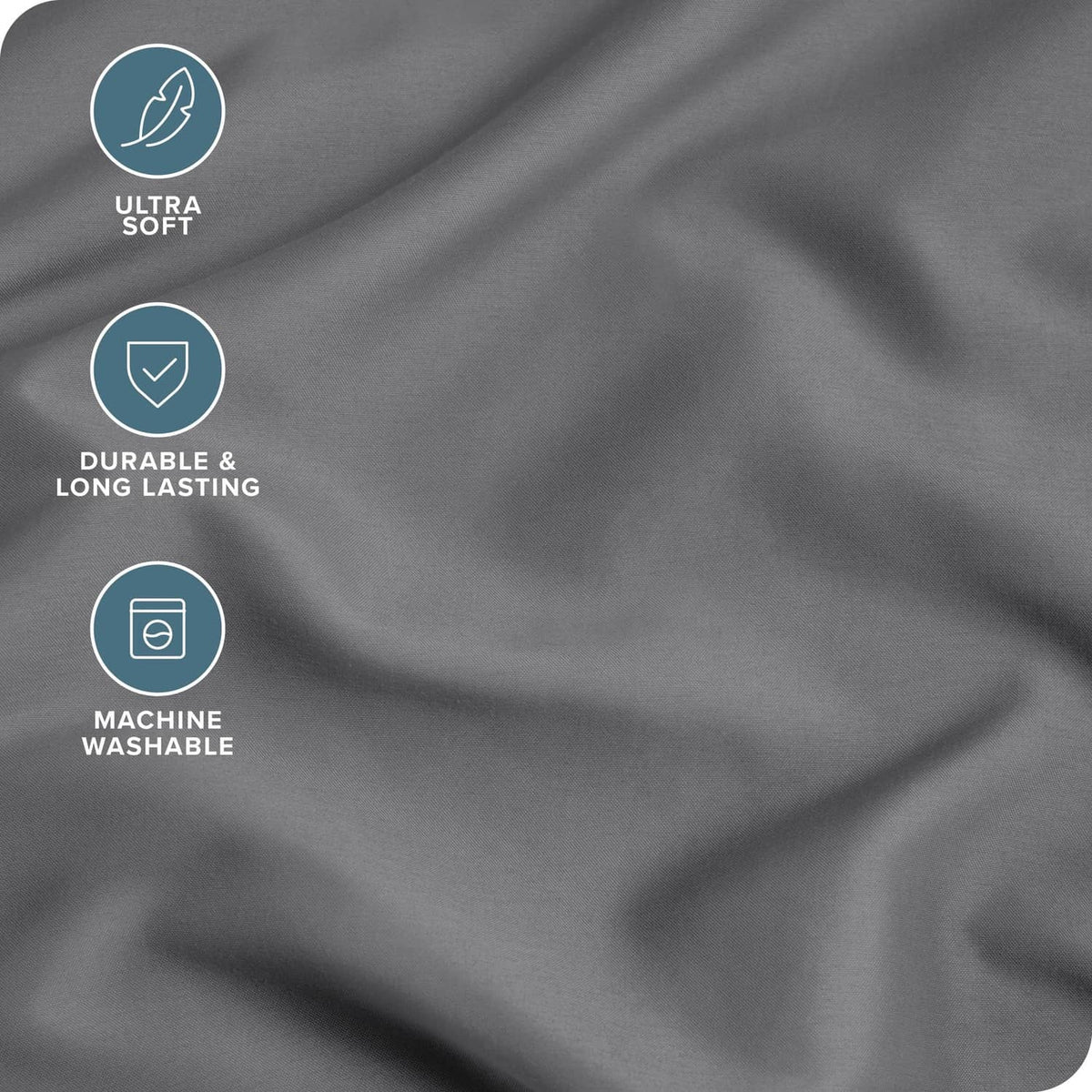 Grey microfiber pillowcase fabric close-up, smooth drape with soft sheen.