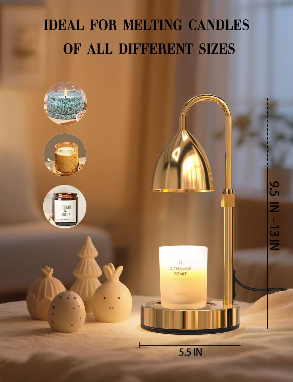 Gold candle warmer lamp with hood over a candle on a round base stand