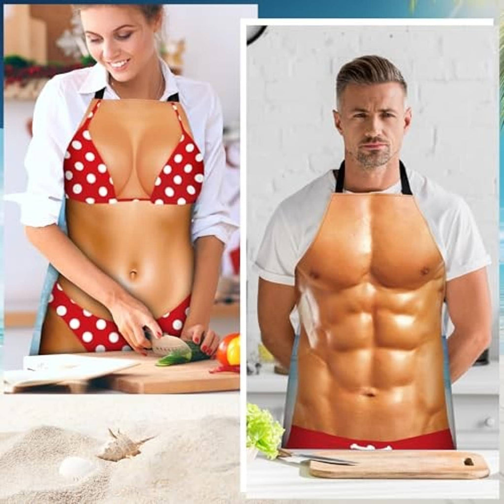 Woman and man wearing red polka-dot cooking aprons with black straps during meal prep