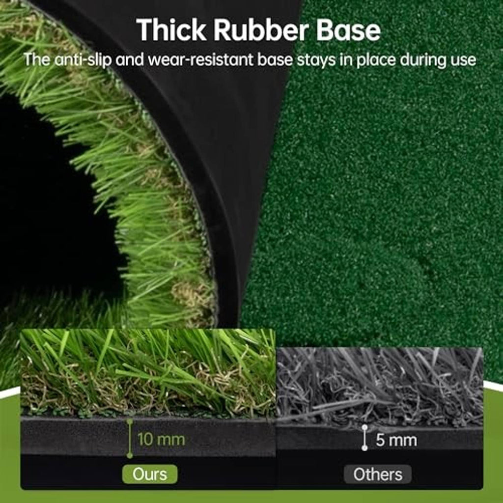 Green putting mat with thick black rubber base edge for non-slip support