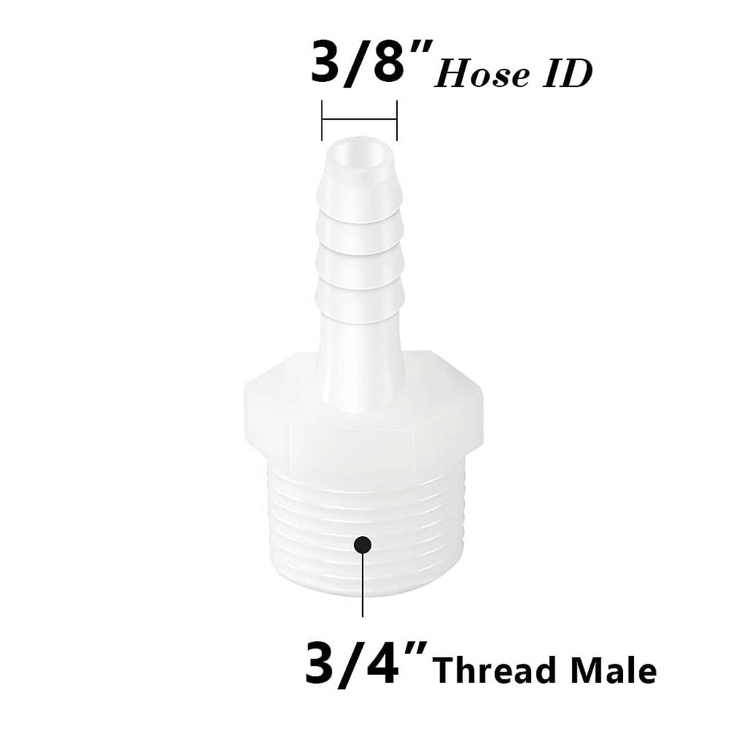 White plastic hose barb fitting with 3/8 hose ID barb and 3/4 male thread