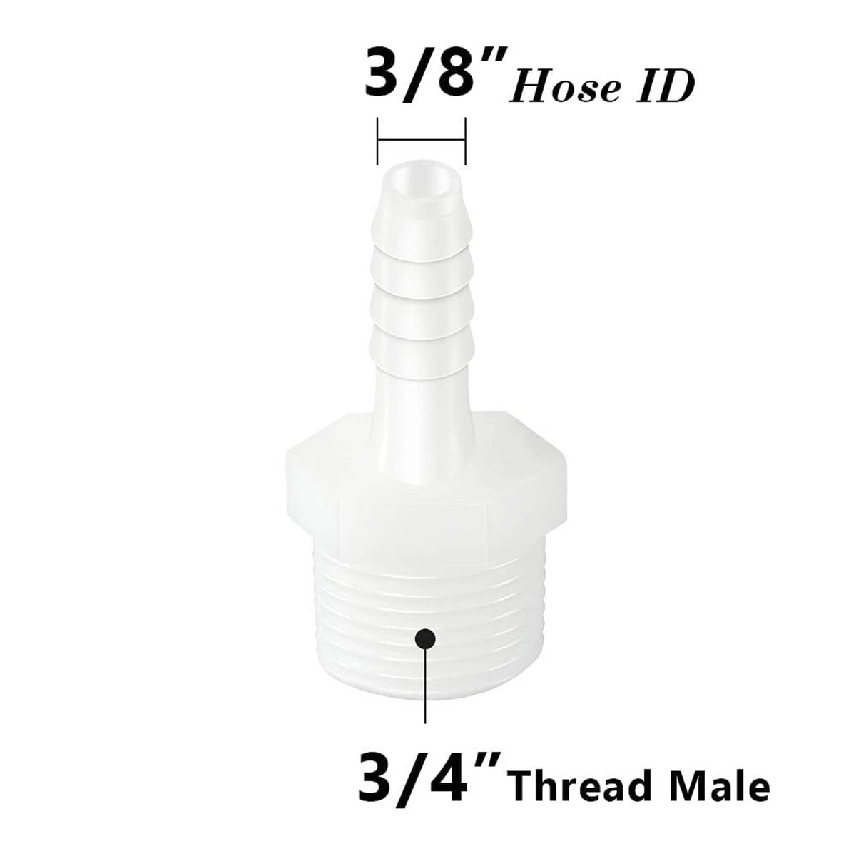 White plastic hose barb fitting with 3/8 hose ID barb and 3/4 male thread