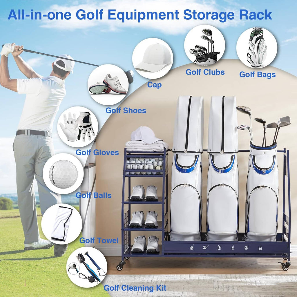 Blue golf bag organizer rack with three bag slots and accessory storage shelves