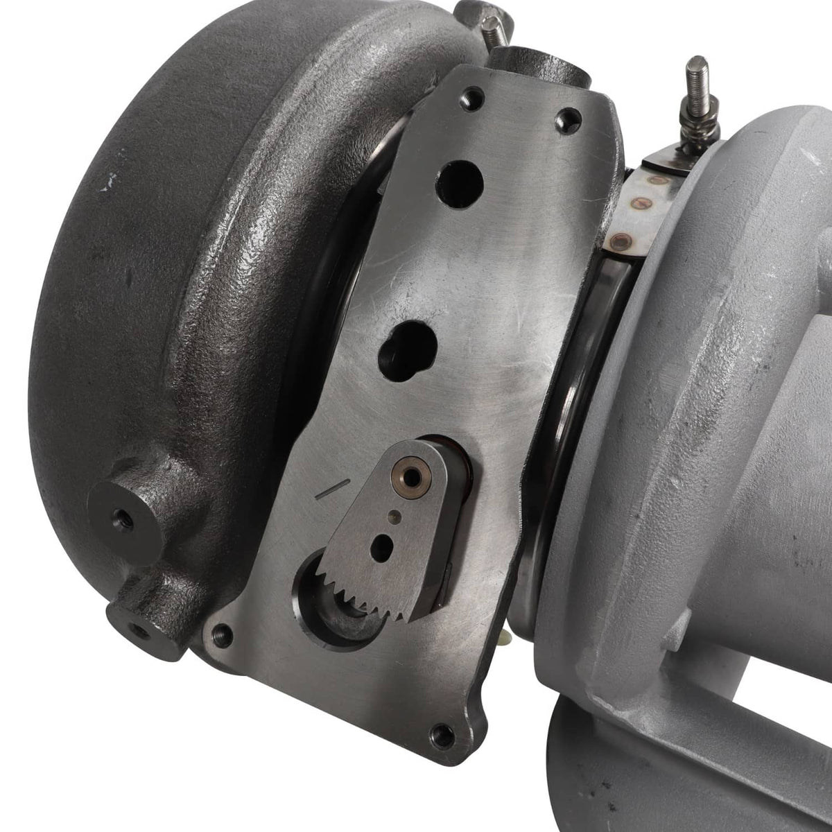 Diesel turbocharger with side cover plate, gear segment, and actuator arm