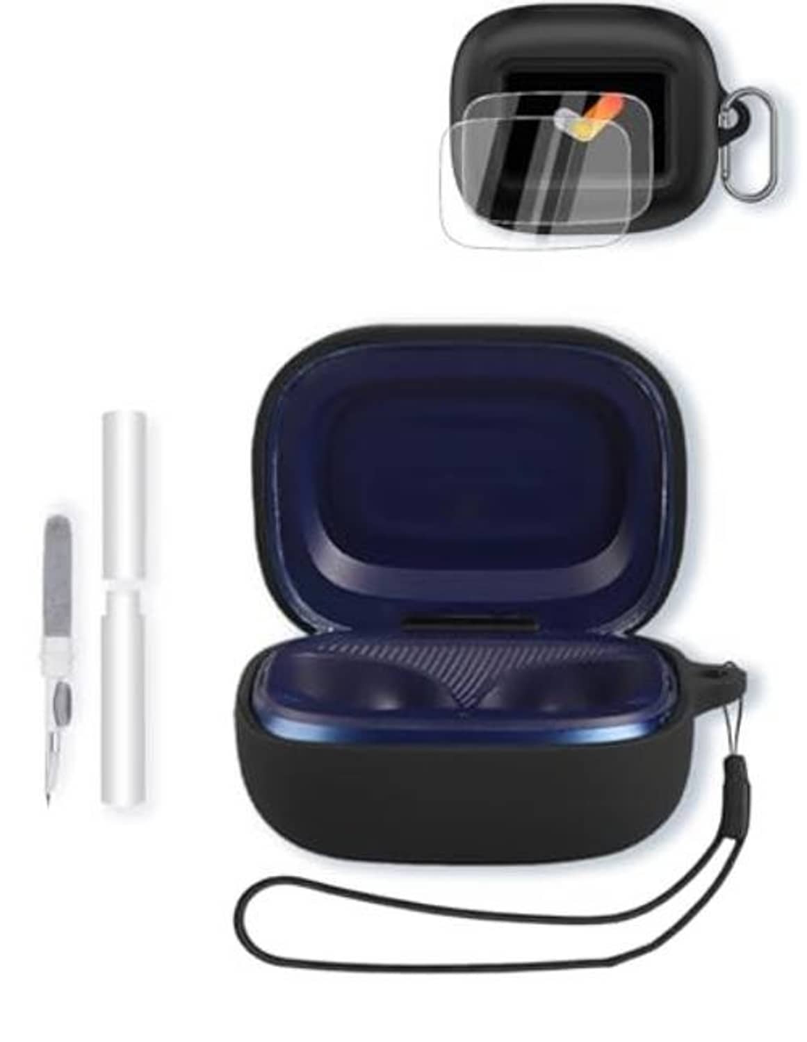 Black soft silicone earbuds case with open lid, blue interior and included lanyard
