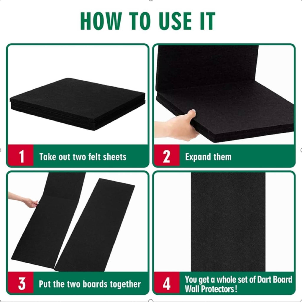 Black felt dartboard wall protector tiles laid flat as a set for mounting