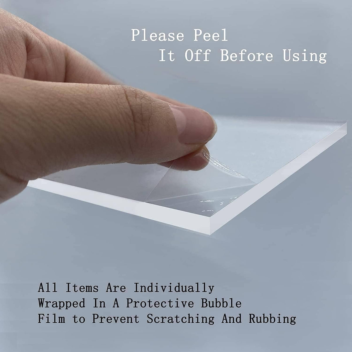 Hand peeling protective film off clear acrylic 4-tier shelf stand surface.
