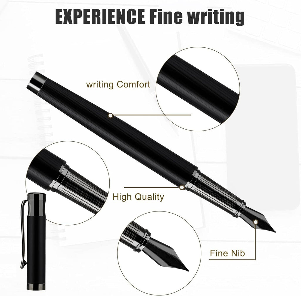Black fountain pen with fine nib; close-up callouts for comfort and quality