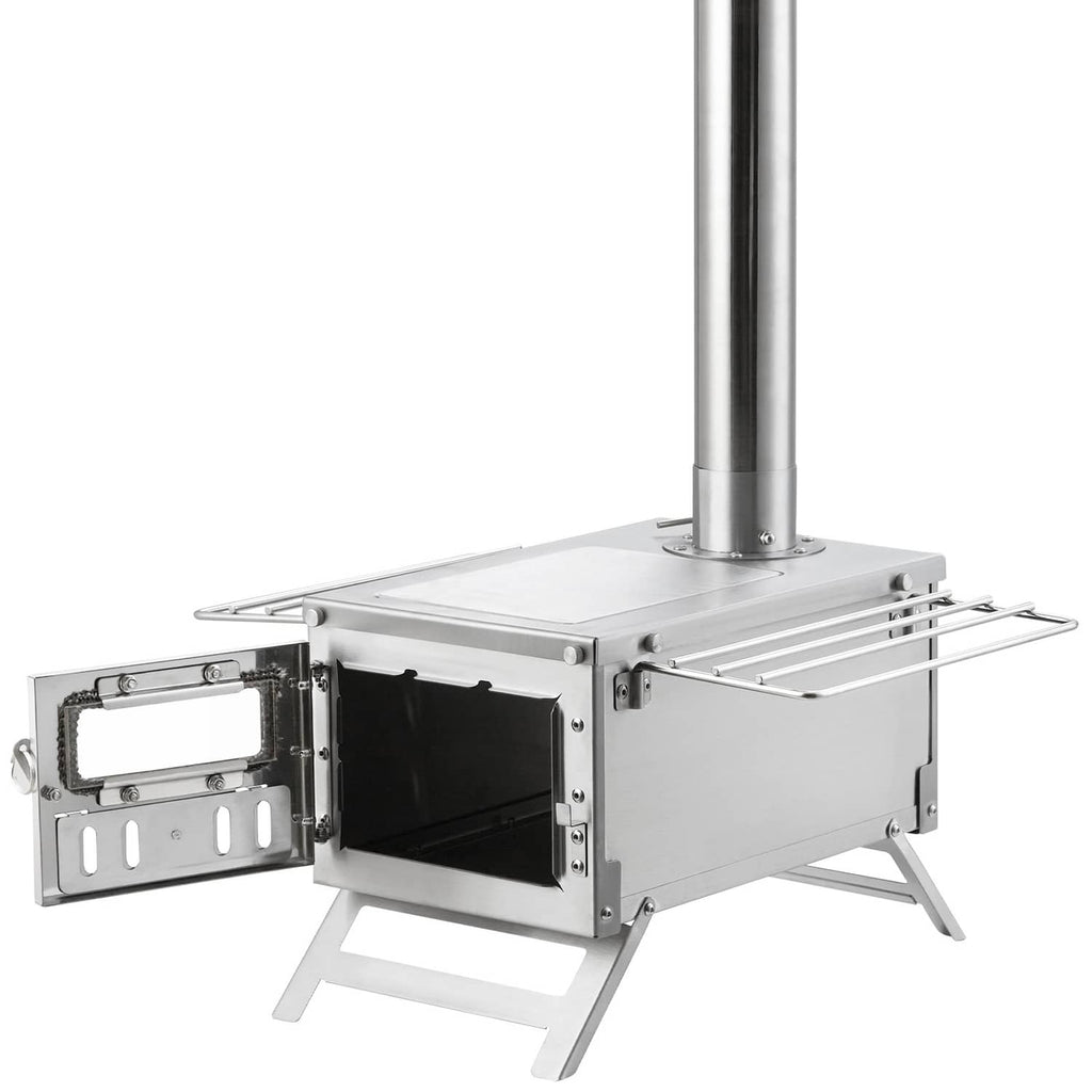 Portable wood stove with chimney pipe and open side firebox door