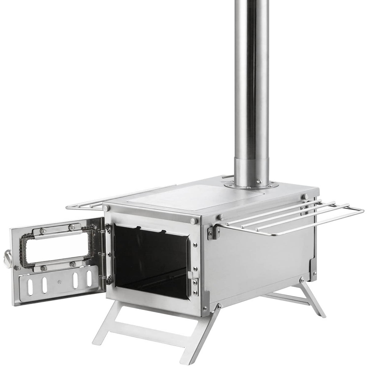 Portable wood stove with chimney pipe and open side firebox door
