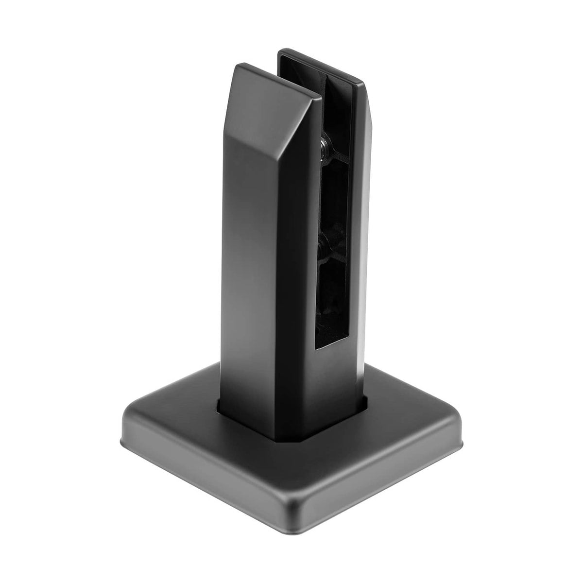 Black square vertical glass floor clamp with internal channel and wide base