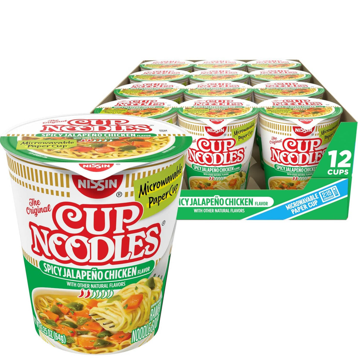 Spicy jalapeno chicken Cup Noodles pack showing green cup and 12-pack tray