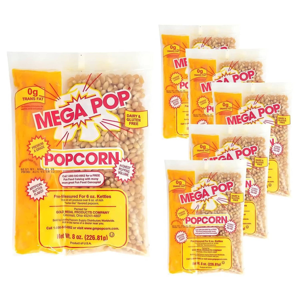 Mega Pop popcorn in sealed 8 oz bags, four-count package