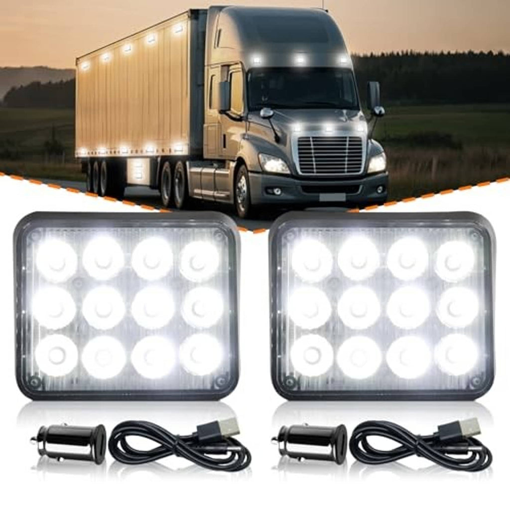 Pair of square LED strobe lights with clear lenses and black bases, plus power cables, white