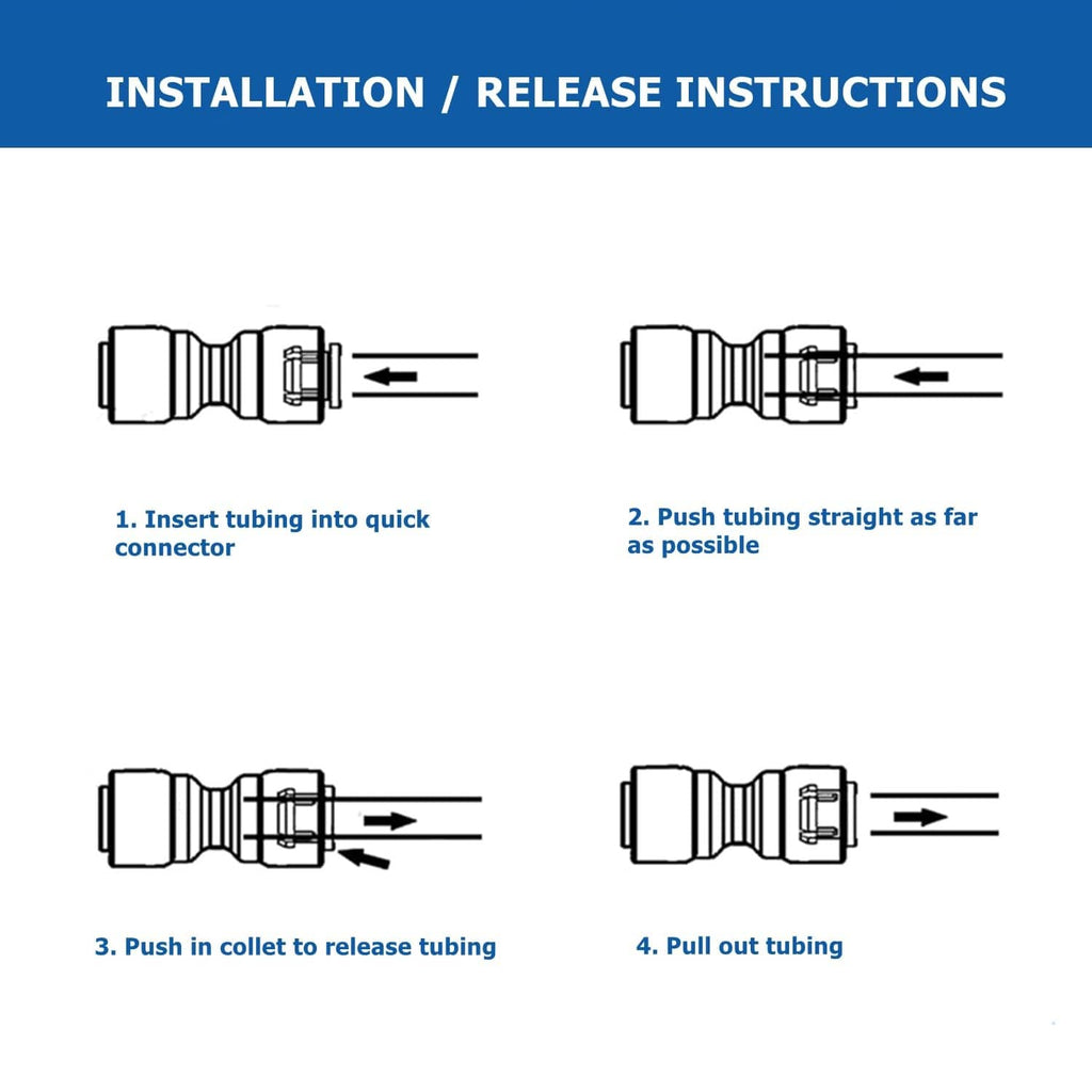Black quick-connect drip irrigation connector parts shown for install and release steps