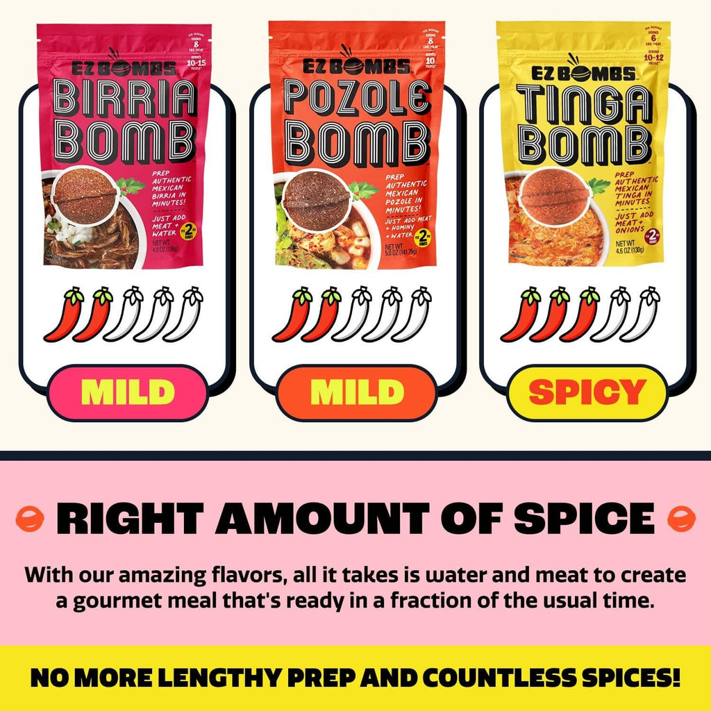 EZ Bombs Birria, Pozole, and Tinga Bomb seasoning variety packs, mild and spicy labels