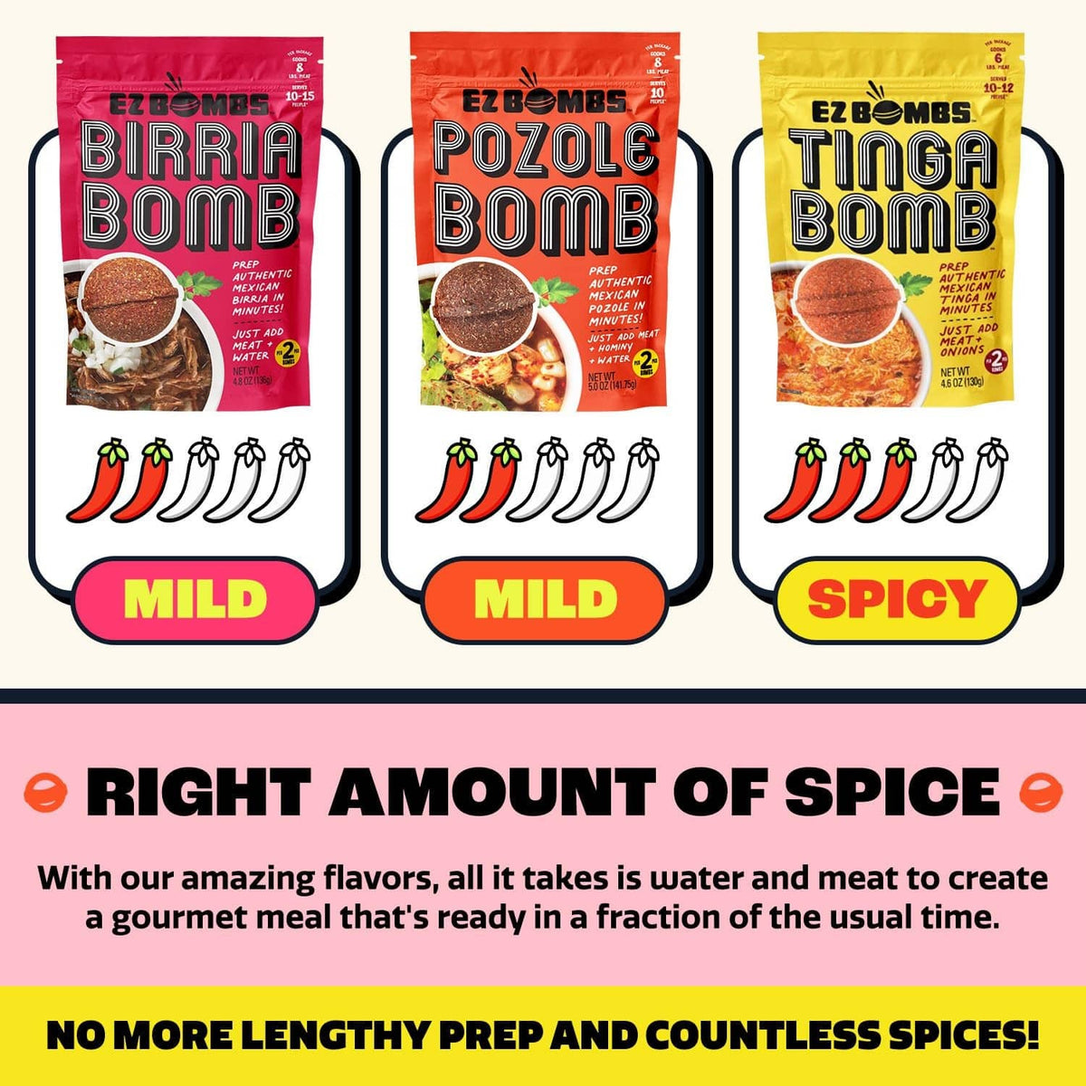 EZ Bombs Birria, Pozole, and Tinga Bomb seasoning variety packs, mild and spicy labels