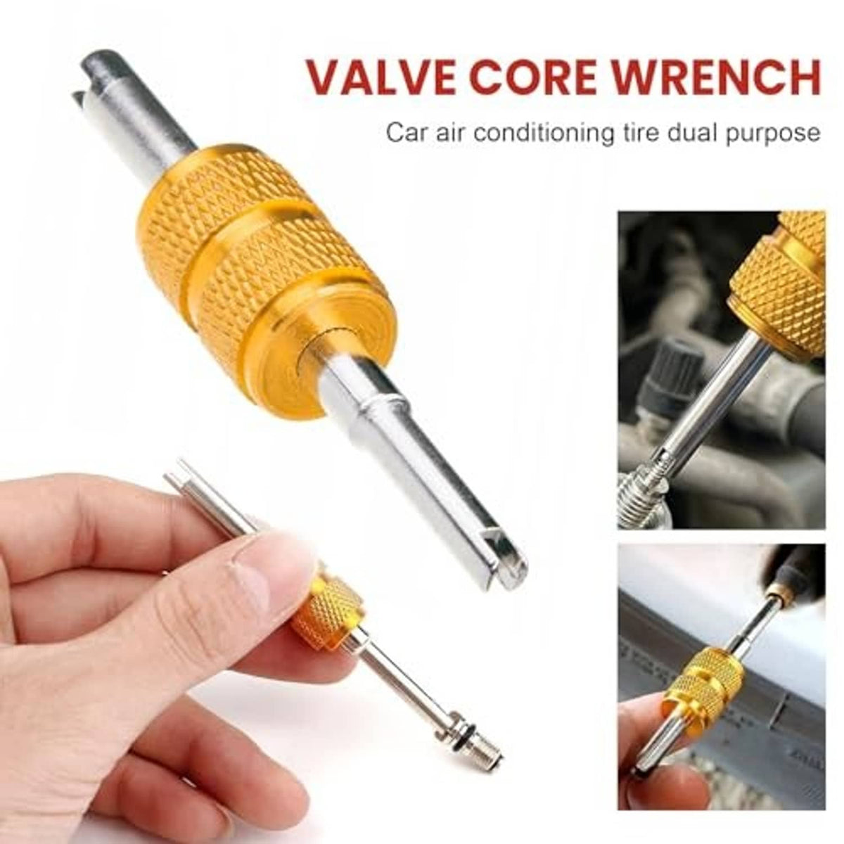 Valve core wrench tool with gold knurled grip and silver stem, held in a hand