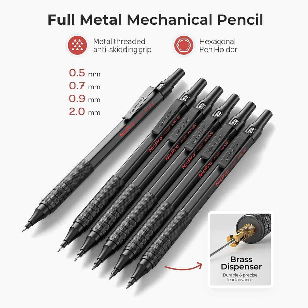 Full metal mechanical pencils, black, with multiple lead sizes (0.5–2.0 mm) and holder.