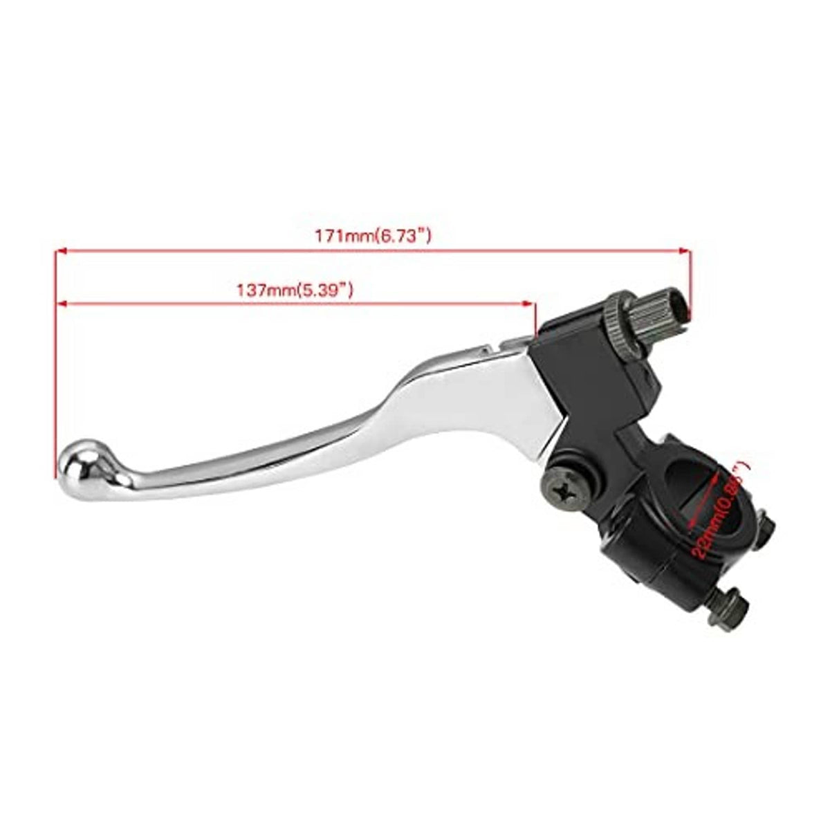 Dimension diagram of left brake/clutch lever perch, chrome lever, black housing, 171mm