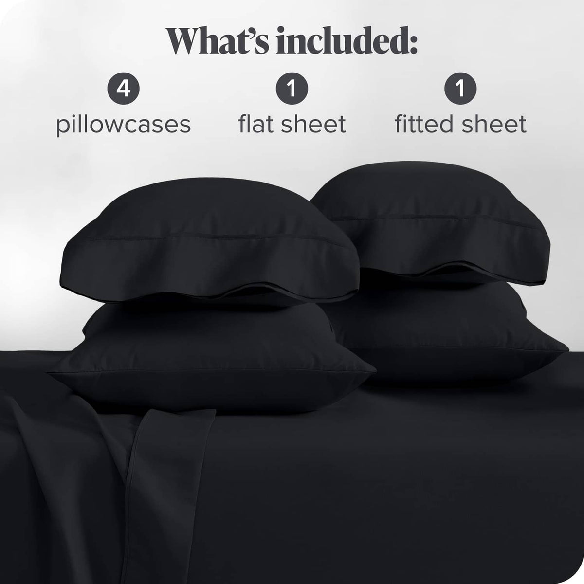 Black bed sheet set with four pillowcases, flat and fitted sheets, folded.