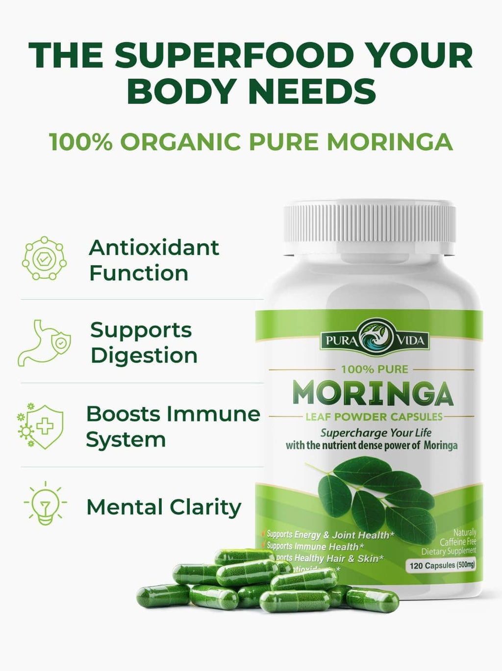 Organic moringa leaf powder capsules bottle with green capsules and health icons