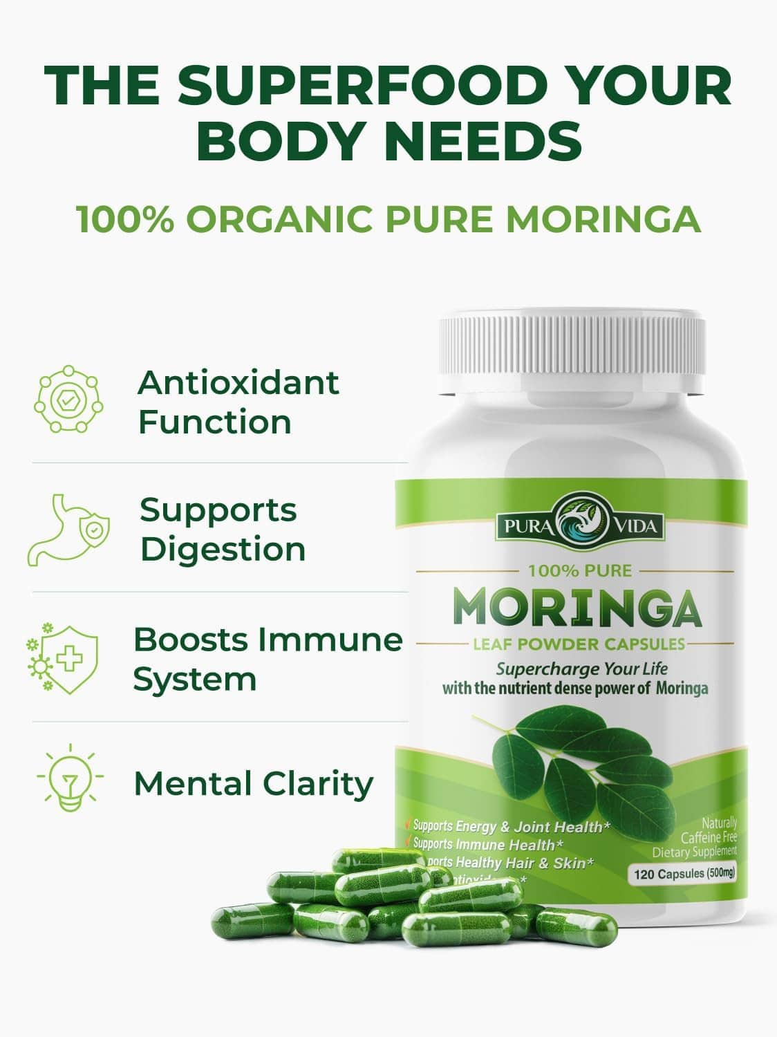 Organic moringa leaf powder capsules bottle with green capsules and health icons