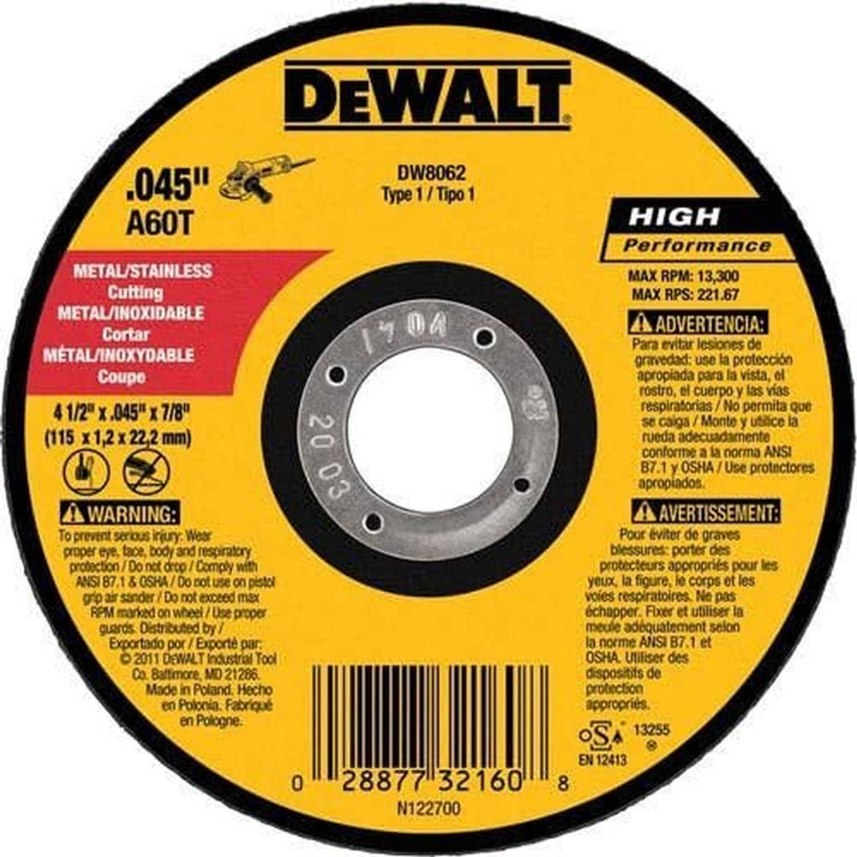 4-1/2 in angle grinder cutting disc .045 in A601 abrasive, metal-optimized abrasive wheel
