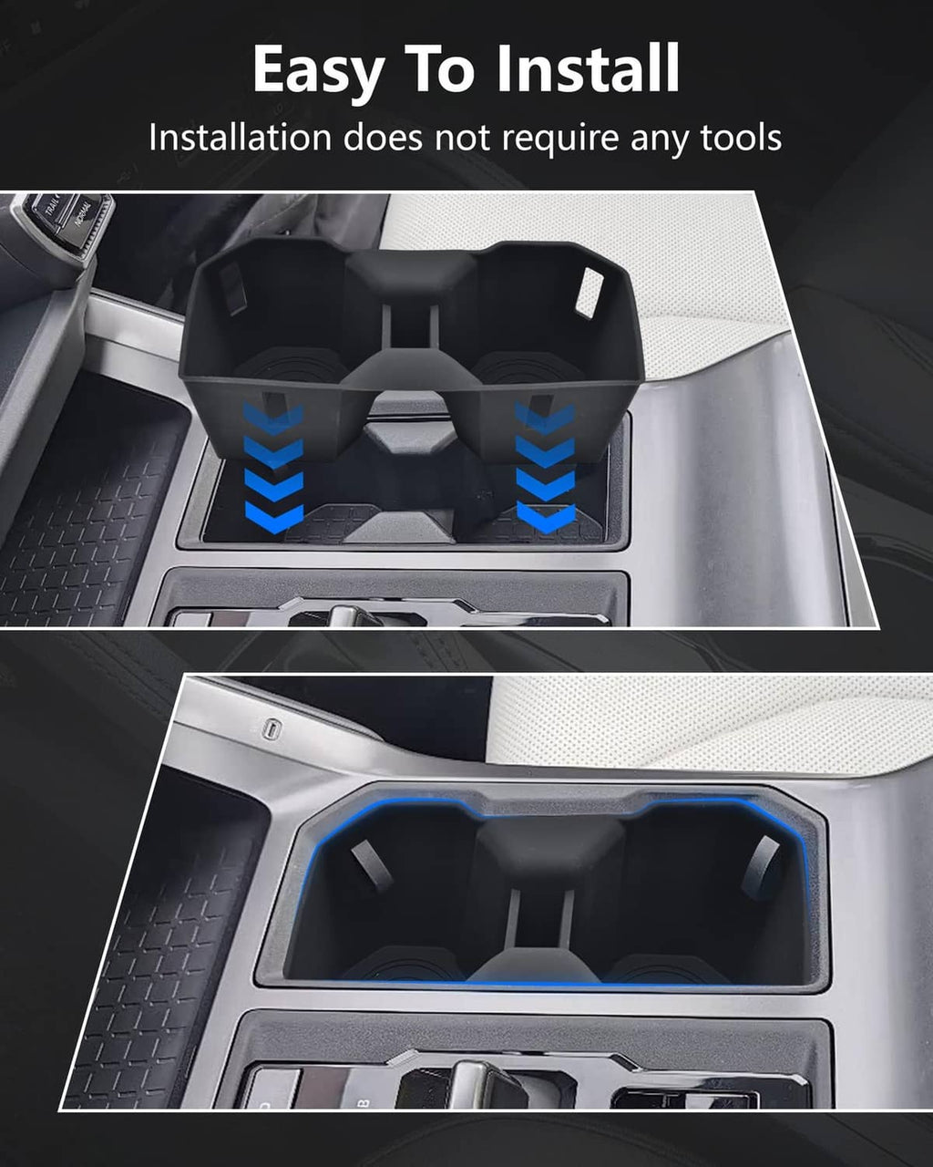 Black cup holder insert fitted into console with matching compartments and divider tabs