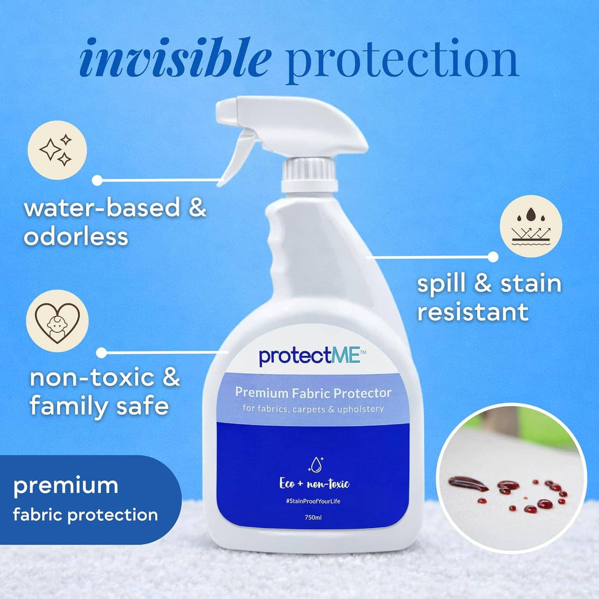 Fabric protector spray bottle with water-based, odorless, spill & stain resistant features