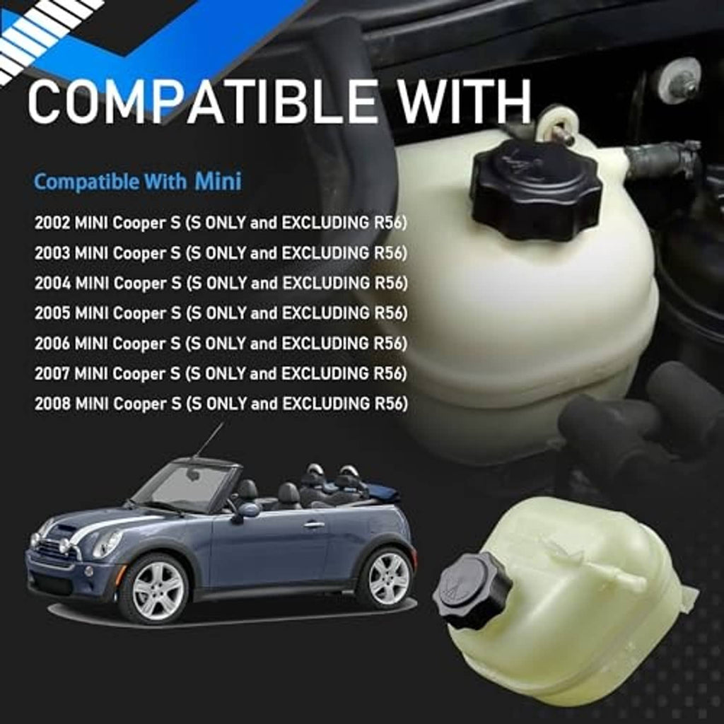 Engine coolant overflow reservoir tank with cap, translucent pale green, shown on engine