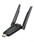 WiFi 6E USB adapter with two external antennas and blue USB connector, black design
