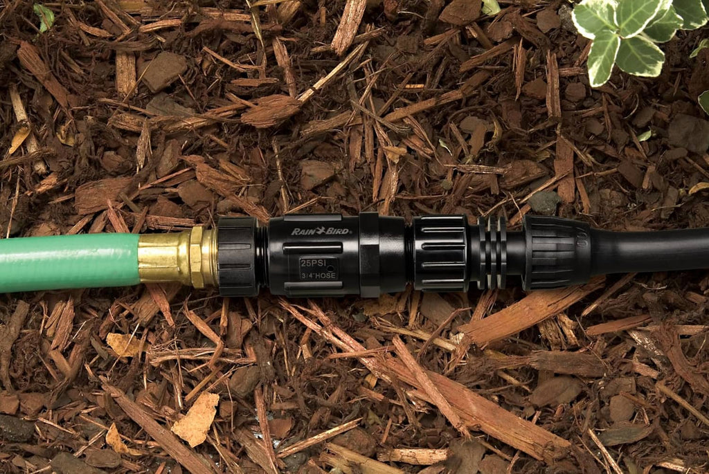 Rain Bird pressure regulator on drip line, black connector with threaded ends