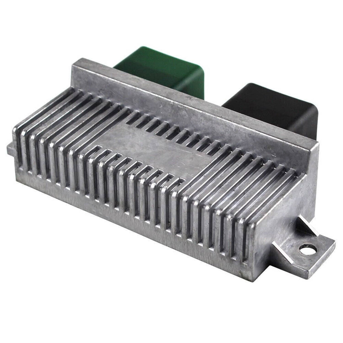 Glow plug control relay module side view with finned aluminum heat sink housing
