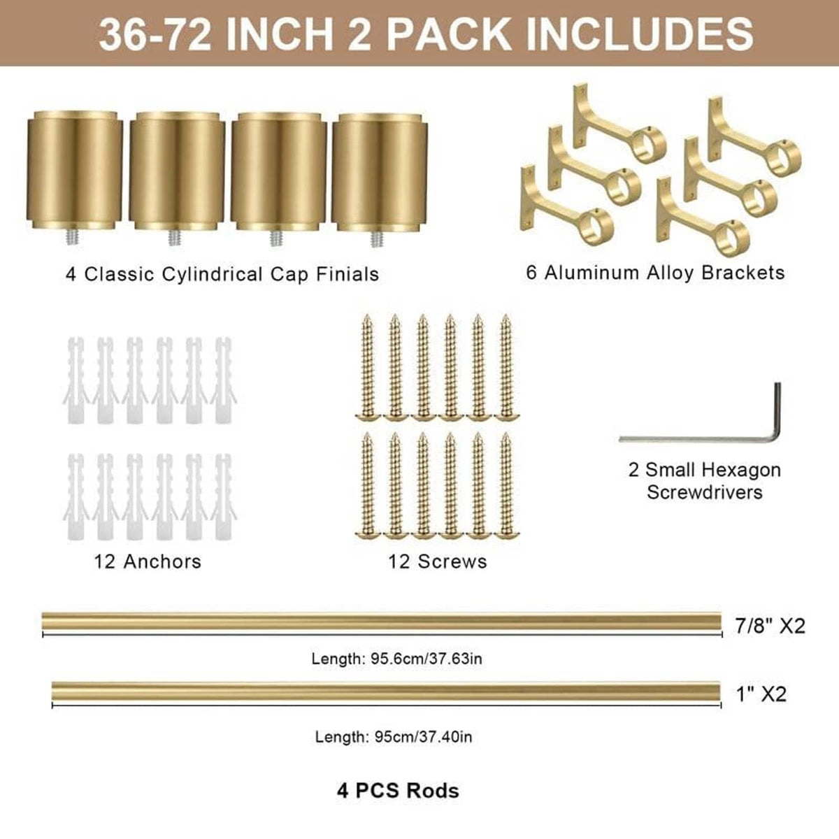 Gold telescopic curtain rod 2-pack contents: rods, brackets, cap finials, screws, anchors