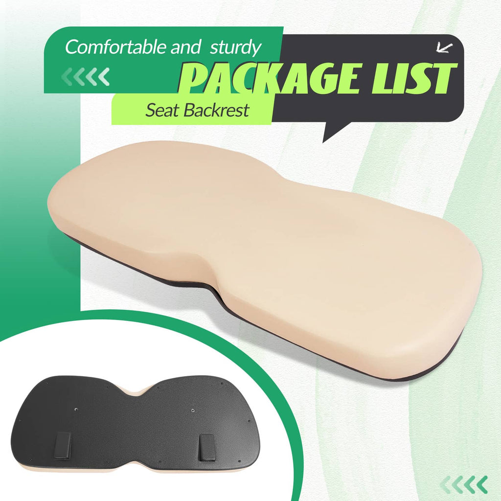 Beige seat back cushion with contoured, dual-lobed profile and black edge