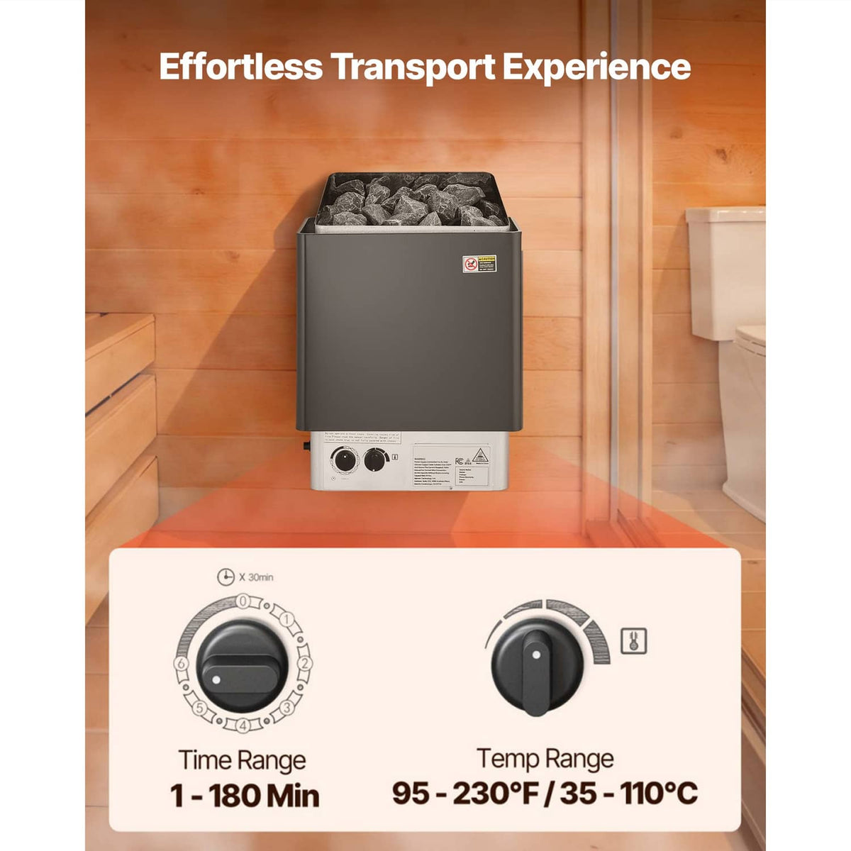 Electric sauna heater with dark gray casing, knobs, and stone basket