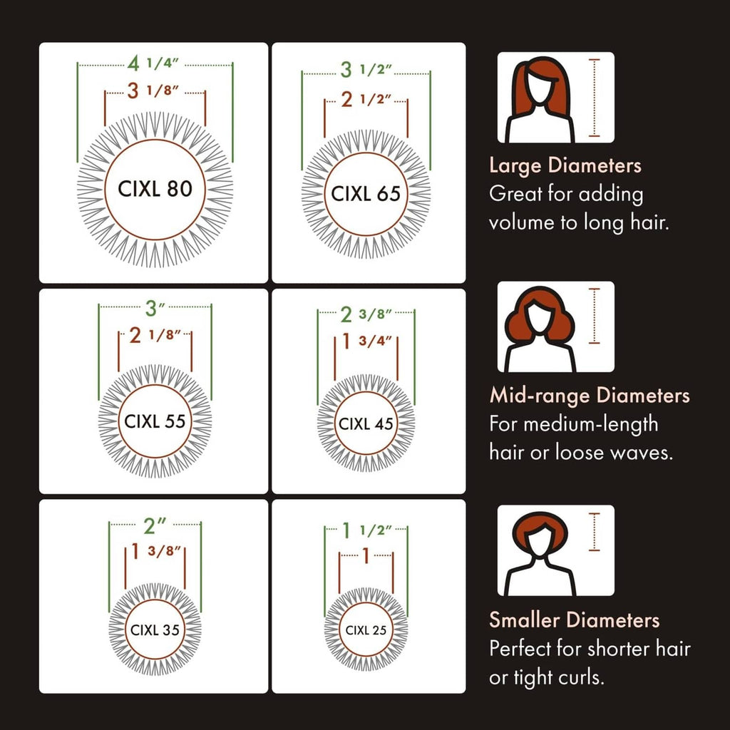 Round hair brush size options shown with different barrel diameters and grey handles.