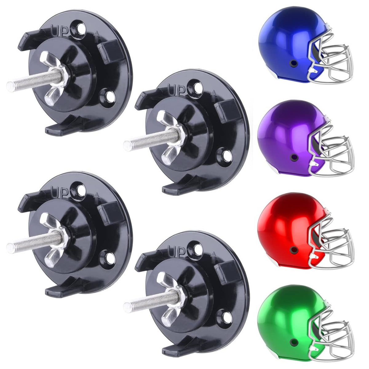 Set of four black football helmet wall mount display hangers with wing nut and bolts