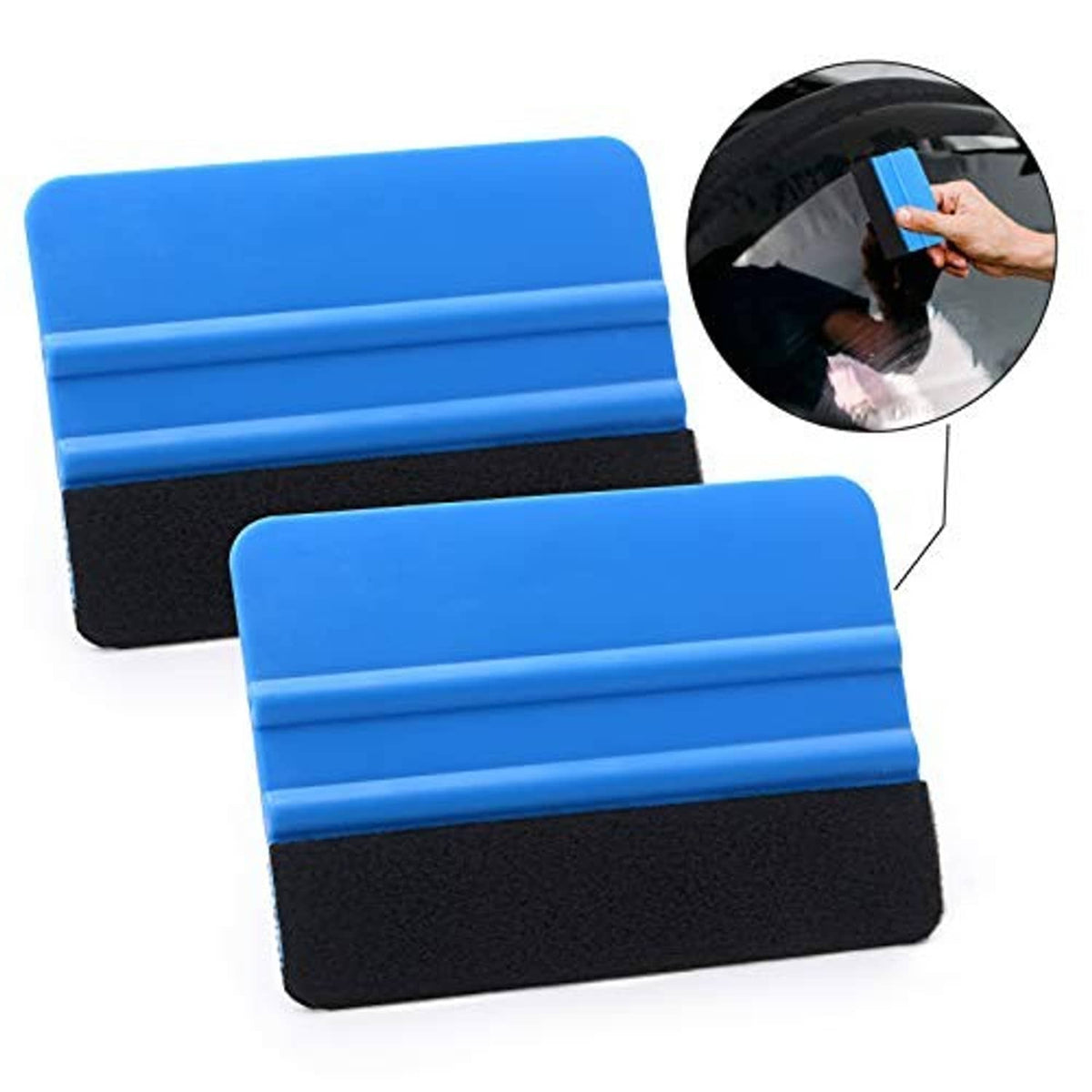 Two blue foam window tint squeegees with black felt pads for smoothing vinyl