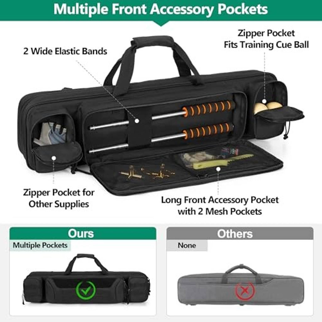 Black cue case backpack with multiple front accessory pockets and zipper sections