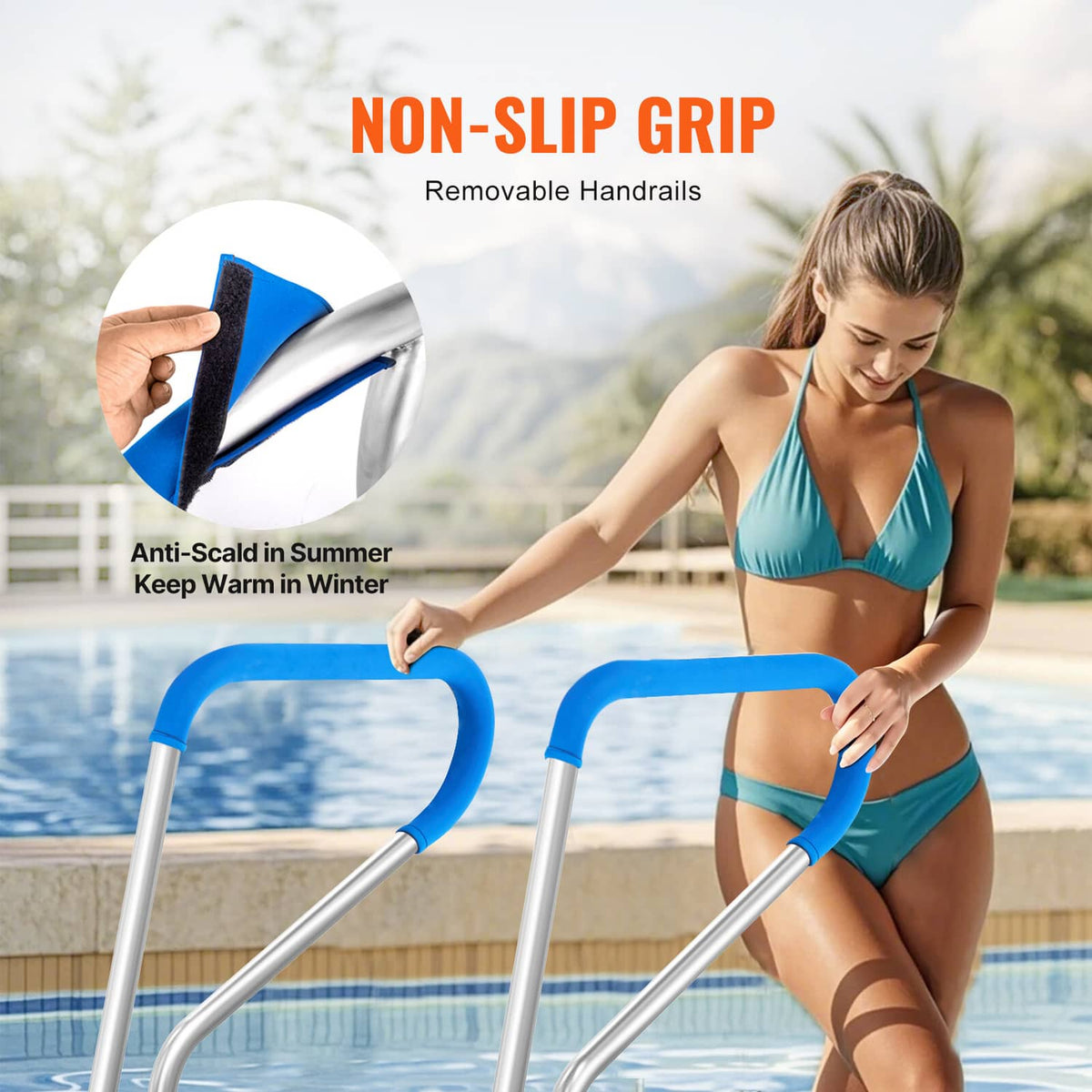 Stainless steel pool handrail with blue non-slip removable grip and two posts