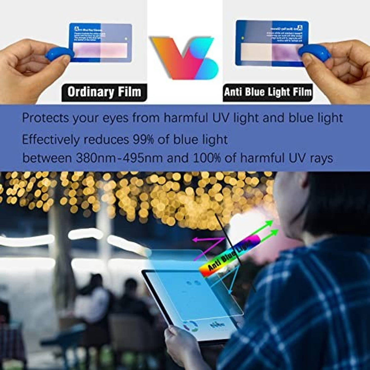 Hands installing anti blue light screen protector film on a tablet screen
