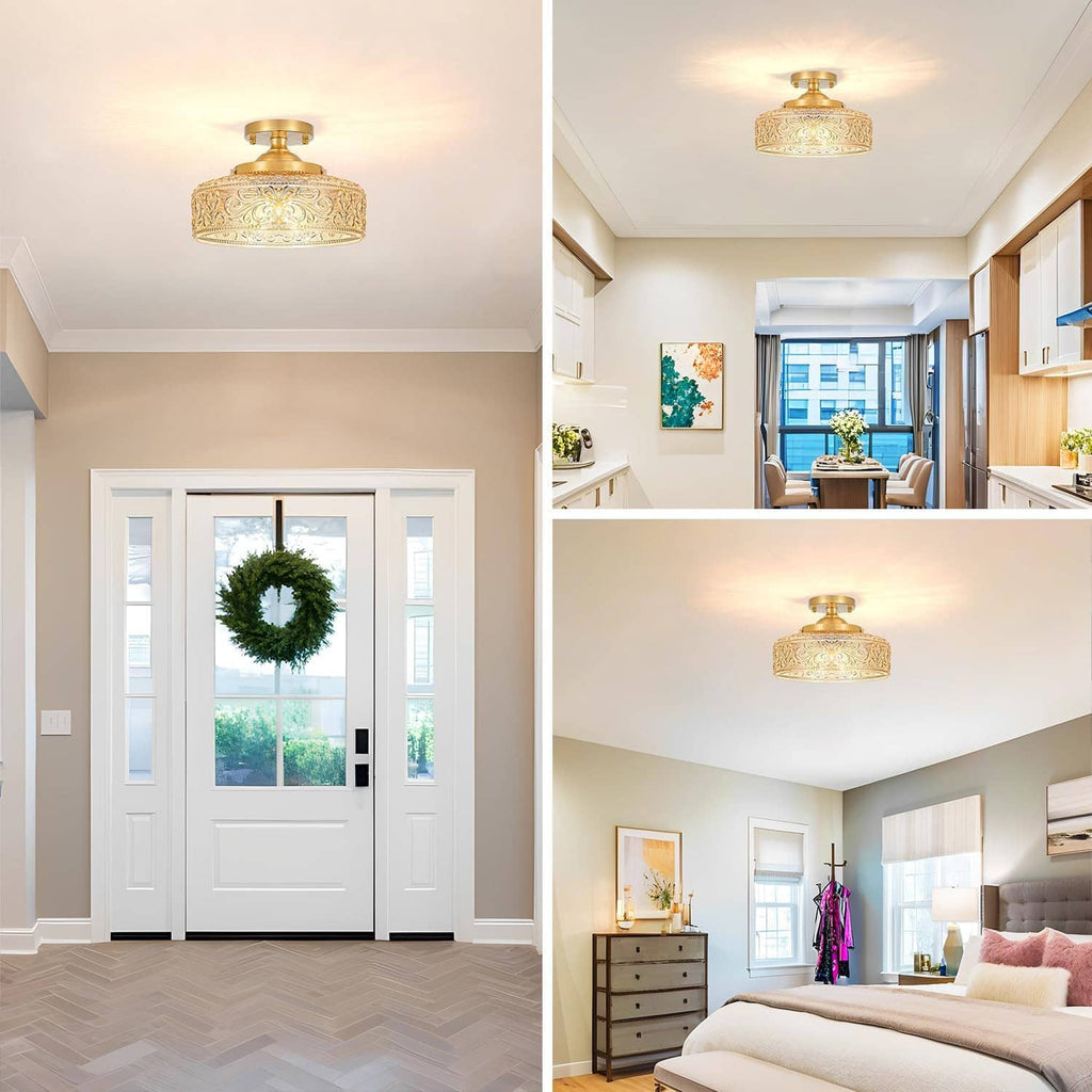 Gold semi-flush ceiling light with ornate glass shade shown from multiple room angles