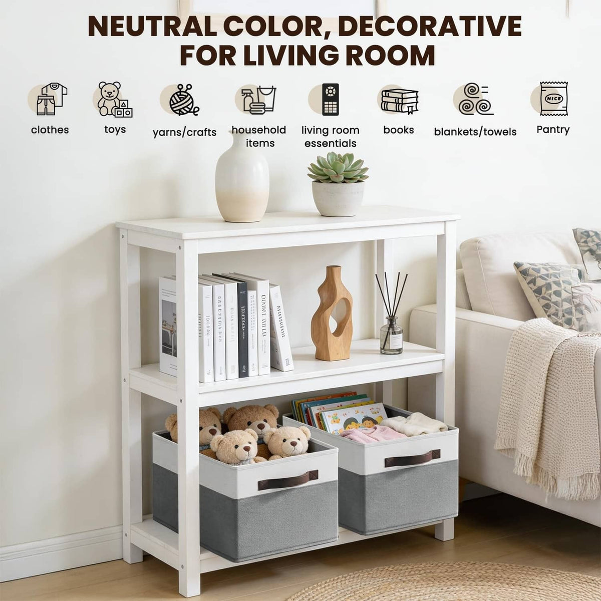 White and gray rectangular storage bins with dark handles in a living room cabinet