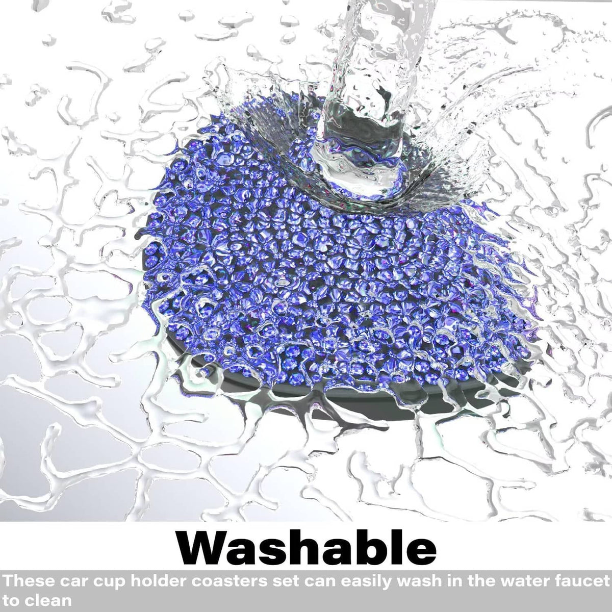 Blue rhinestone cup coaster with water splash detail, round with black edge