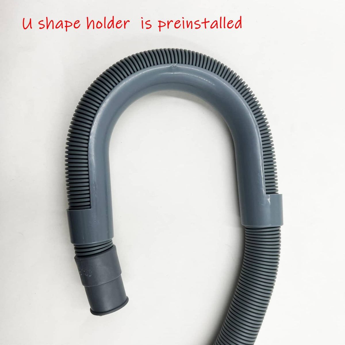 Gray U-shaped drain hose holder with flexible corrugated tubing