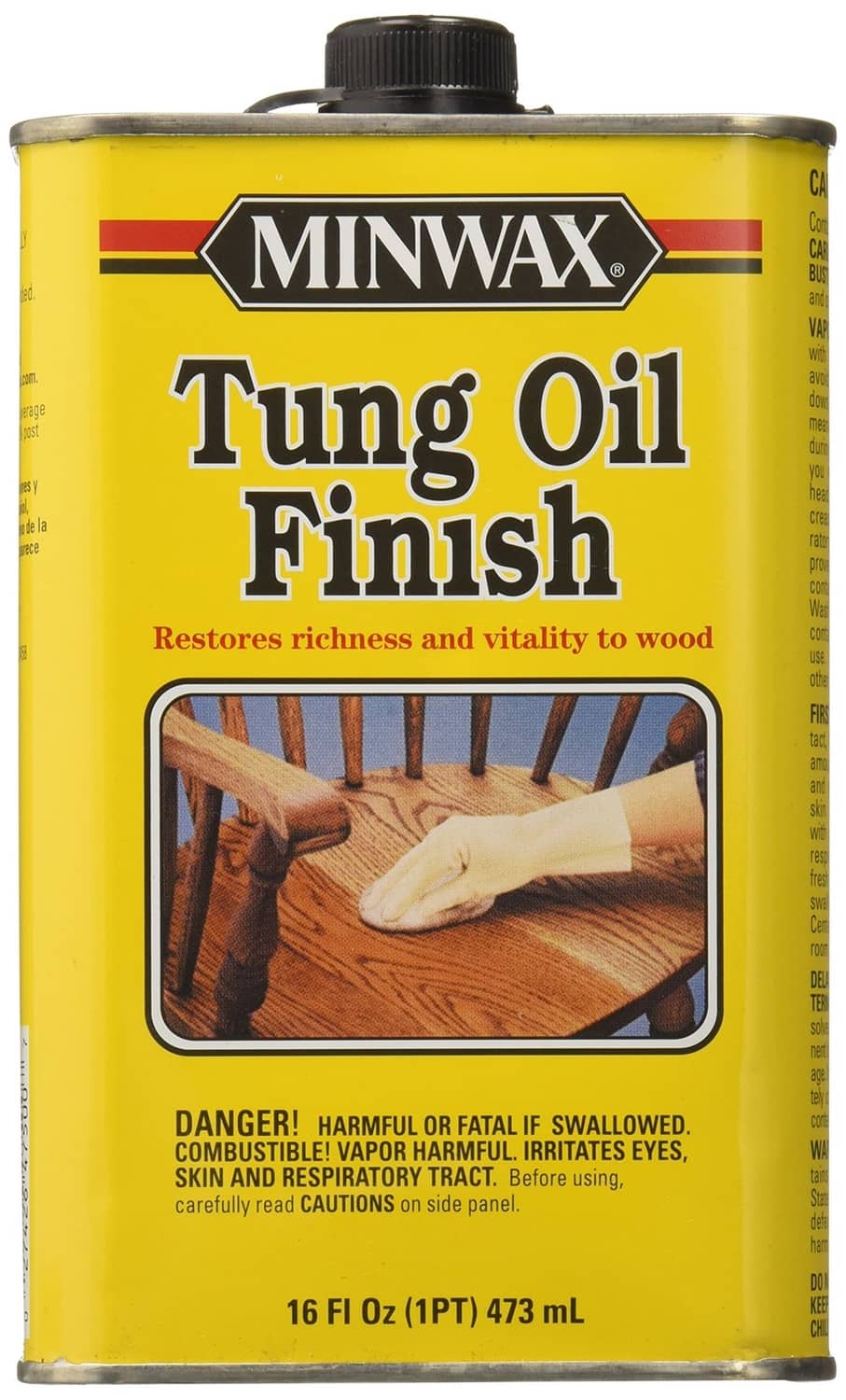 Minwax tung oil wood finish can, yellow metal 16 fl oz with black lid