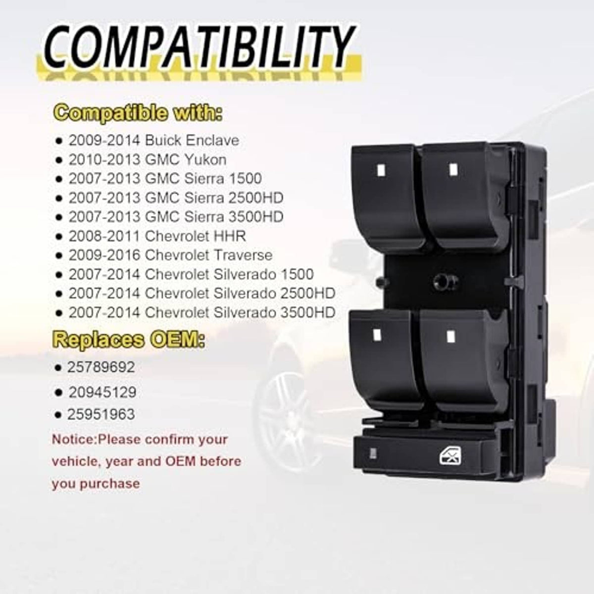 Black driver-side power window switch module with rocker buttons
